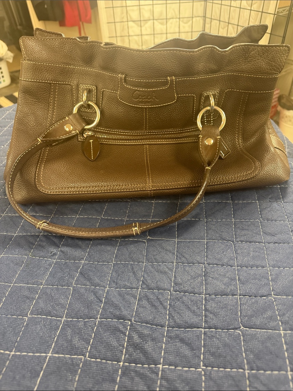 Coach Dark Brown Pebbled Leather Shoulder Bag with Front Zip
